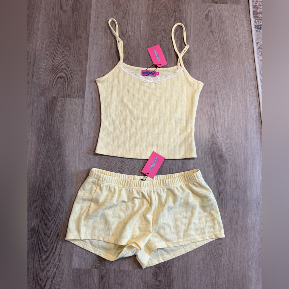 Edikted Yellow Ribbed Sleepwear Set – Y2K Lace & Bow Detail, Size Medium, NWT
